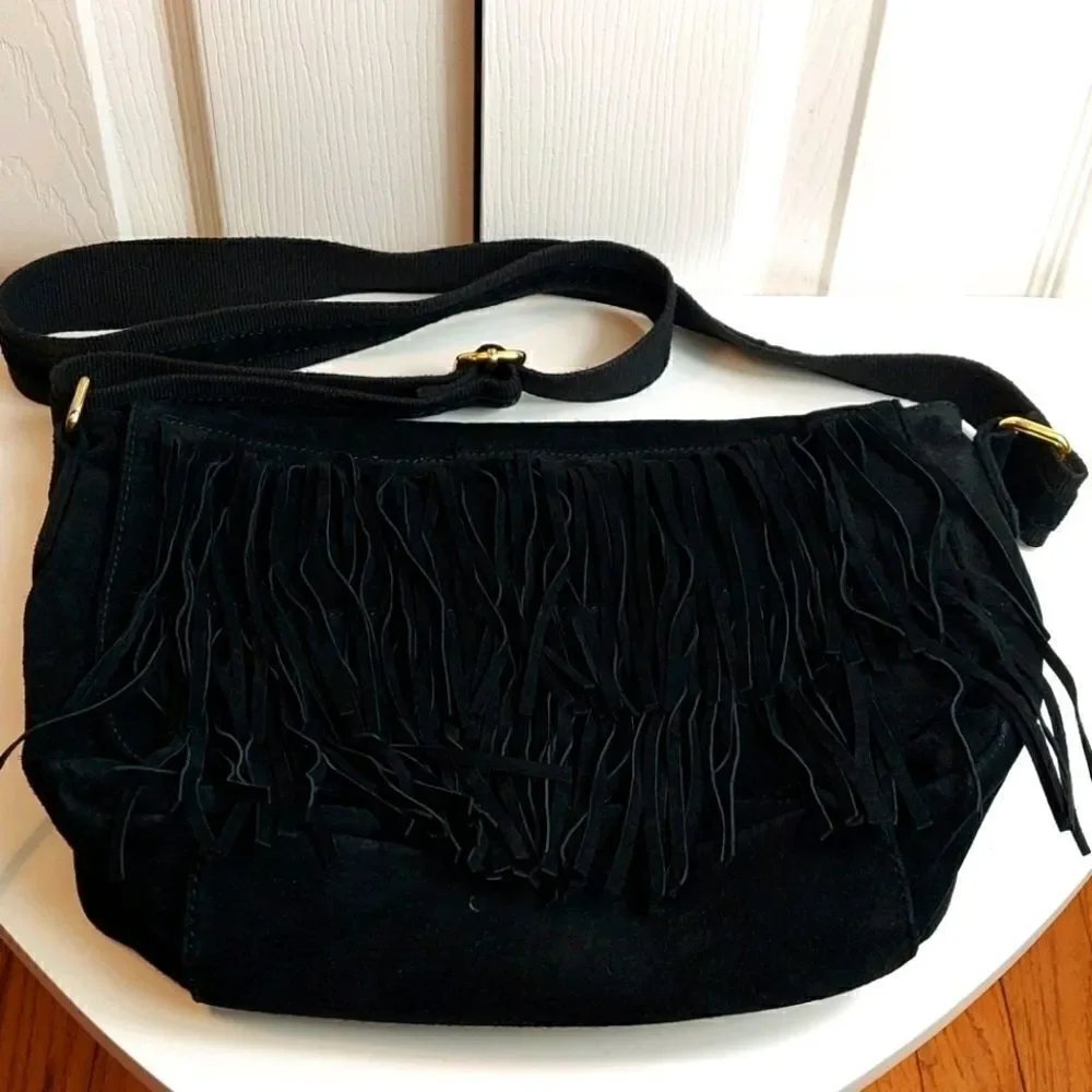Steve Madden Black Suede Fringe Crossbody Satchel